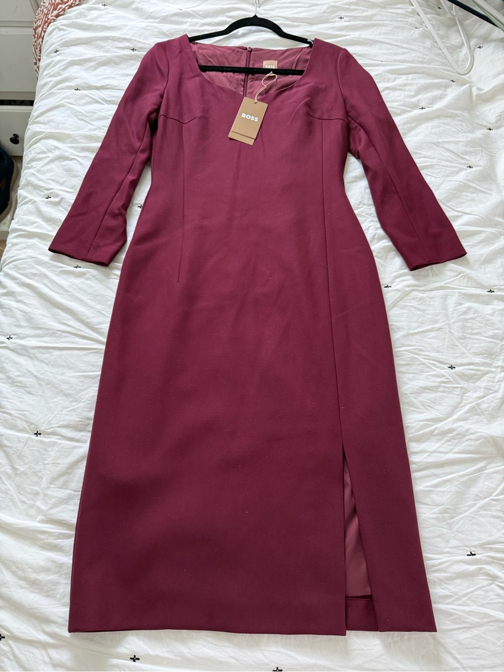 BOSS Dihera Women's Midi Sheath Dress in Burgundy Plum